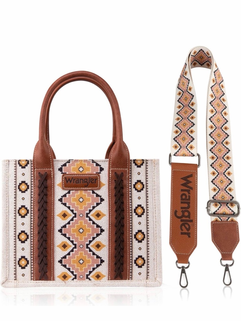 Wrangler Brown and Cream Tribal-Print Tote with Leather Trim
